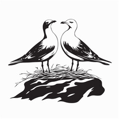 Seagull couple image vector. Seagull couple in their nest on a cliff along the coastline white background. 