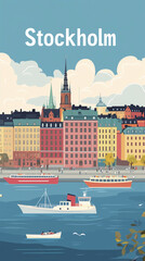 A minimalist, flat vector-style poster of Stockholm, Sweden. Highlight the colorful Gamla Stan houses by the waterfront, with sleek boats in the harbor. 