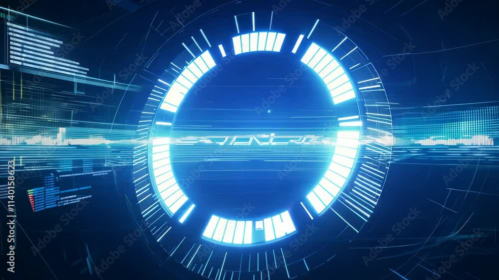 Poster innovative digital design showcasing dynamic blue circular patterns with futuristic elements in a hi