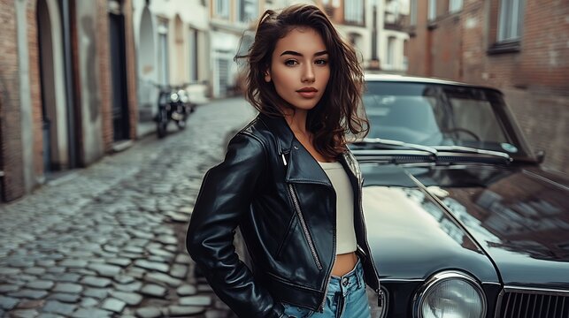 Fototapeta Stylish female model posing by vintage car on cobbled street, wearing leather jacket, fashion shot