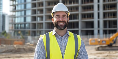 Health and safety officer standing confidently at a construction site, promoting workplace safety and awareness