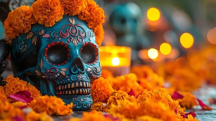 Close-up of a Day of the Dead altar featuring colorful marigold petals, candles, and intricate sugar skulls, in honor of the departed 