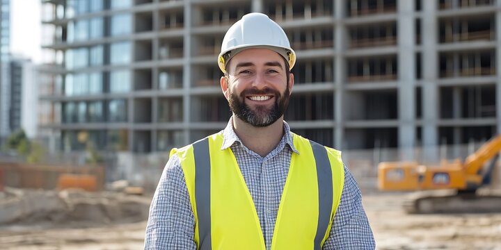 Health and safety officer standing confidently at a construction site, promoting workplace safety and awareness