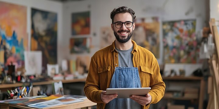 Portrait of a male digital artist standing proudly in a creative studio, working on a tablet, smiling, portrait shot, standing,