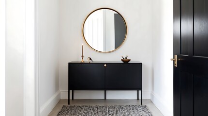 Modern Minimalist Interior Design: Hallway with Black Cabinet, Gold Mirror, and Subtle Decor