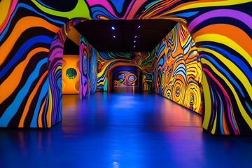 Vibrant psychedelic designs cast on walls and floors for an immersive futuristic experience. Immersive appeal