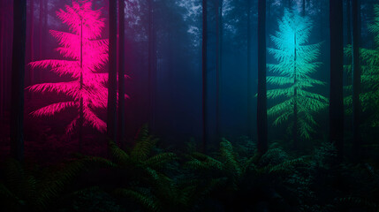 Fluorescent pink and turquoise trees casting an ethereal glow in a mysterious foggy forest, creating a captivating and otherworldly scene