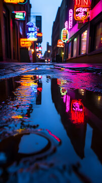Vibrant neon signs of Nashville's honky tonk highway mirrored in a puddle on Printer's Alley at twilight