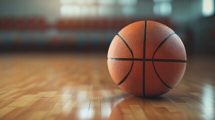 Basketball ball lying on the polished wooden floor of a sports hall
