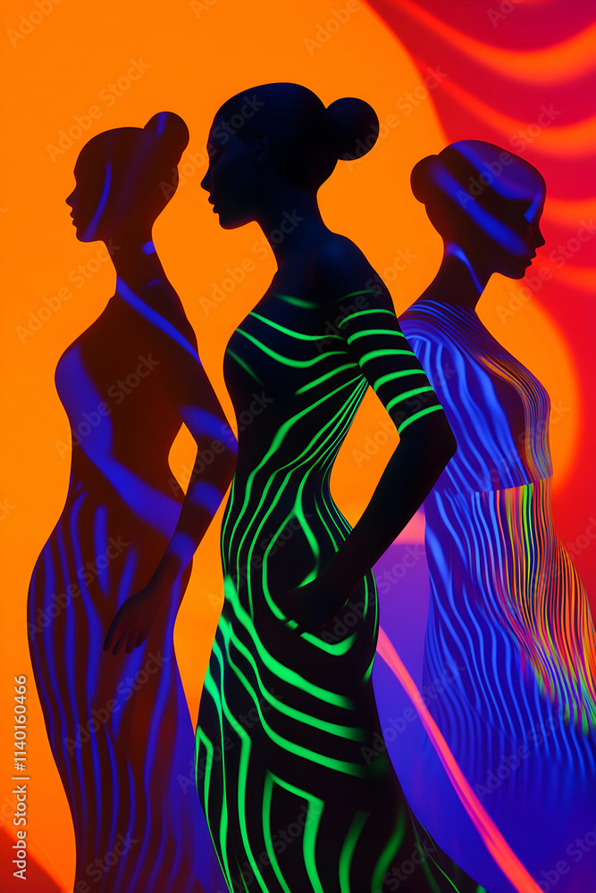 Poster three fashion models are posing together with colorful projected light patterns on their bodies and 
