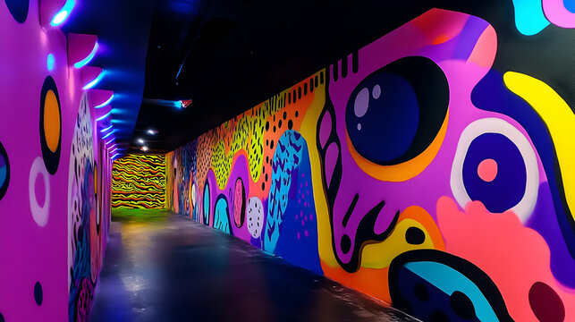 Colorful street art mural illuminating a dark corridor, creating an immersive and psychedelic atmosphere - Powered by Adobe
