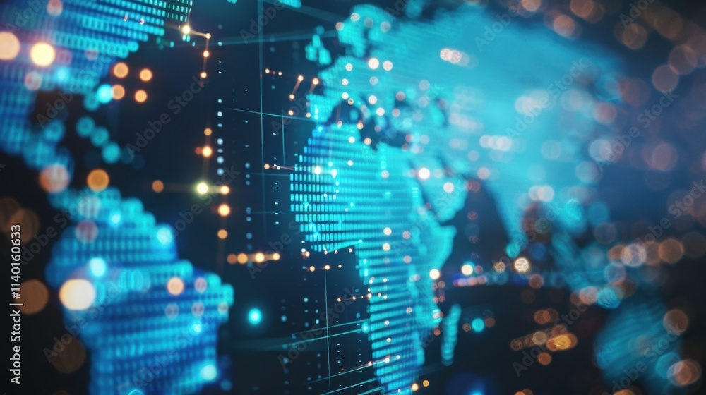 Poster big data is flowing and connecting global networks around a digital world map, highlighting the conc