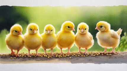 Naklejka premium Adorable Yellow Chicks Standing in a Row on a Soft Background with Bright Green
