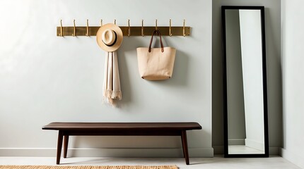 Modern Entryway Design with Brass Hooks, Wooden Bench, and Full-Length Mirror