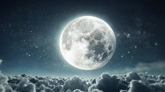 Beautiful realistic flight over cumulus lush clouds in the night moonlight. A large full moon shines brightly on a deep starry night. Cinematic scene. AI Generated