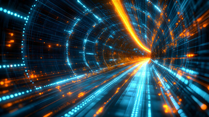 Abstract digital tunnel with glowing lights and data streams.