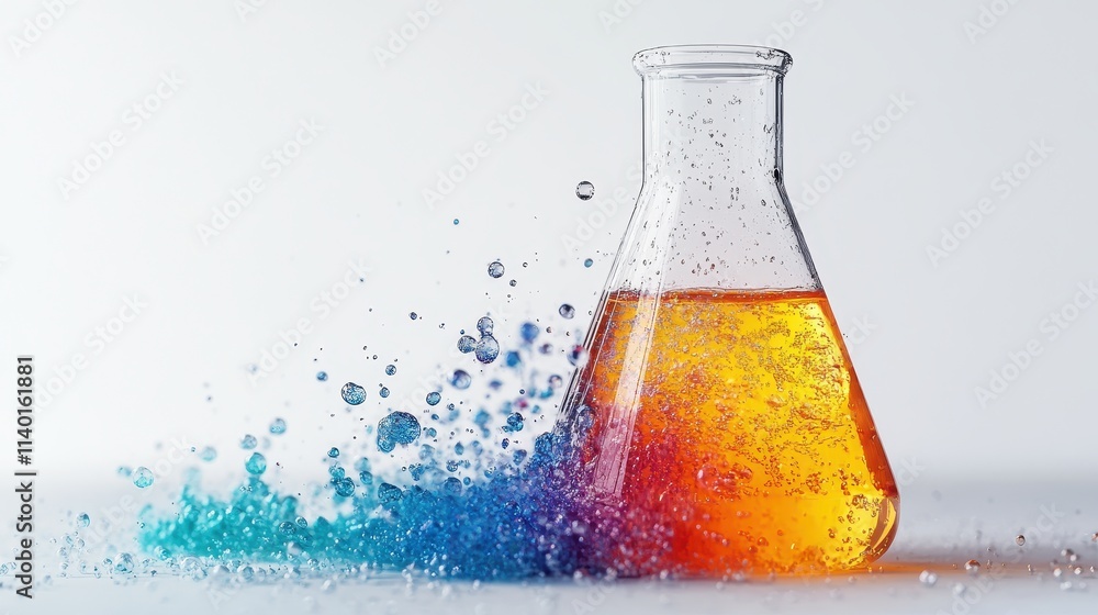 Poster a laboratory flask with colorful liquid and bubbles, symbolizing science.