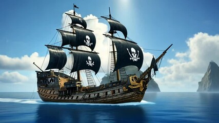 A pirate ship sails across the blue sea, proudly displaying its black and white skull flag