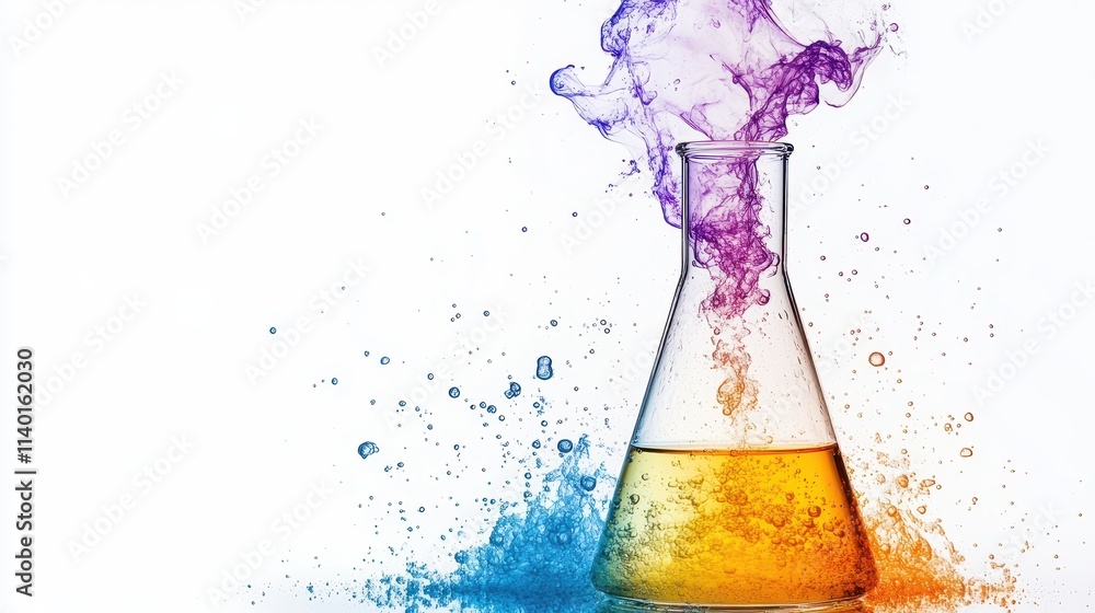 Poster a colorful laboratory flask with vibrant smoke and splashes of liquid.
