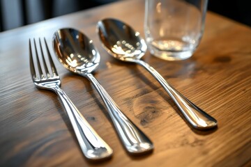 Shiny silverware, empty glass, wooden table.