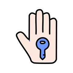 Hand with key vector illustration, line and fill style icon