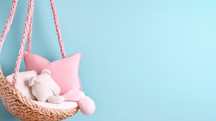 Cozy Swing Chair with Cushions and Soft Toy Against Blue Background