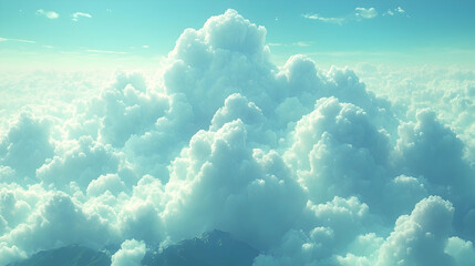 Aerial view of fluffy cumulus clouds above mountain peaks.