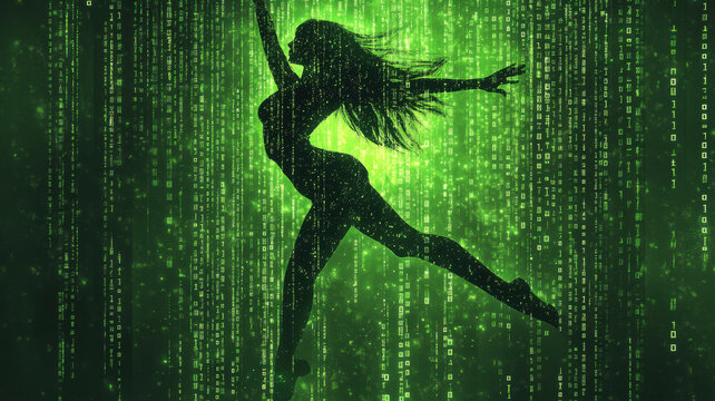 
Vertical lines of green ones and zeros create a polygonal grid, forming a digital outline of a beautiful dancing girl in full view.