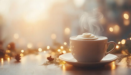 Fototapeta premium Warm winter beverage in a cozy setting, steaming mug of hot chocolate with whipped cream, bokeh lights, festive background.