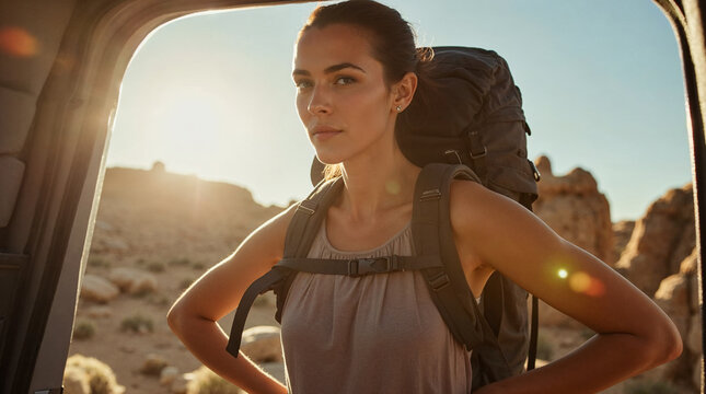 Mujer exploradora con mochila lista para una caminata al atardecer en un paisaje des&eacute;rtico