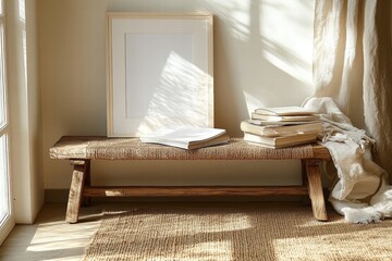Wooden Bench with Books and Blank Frame in Sunny Room