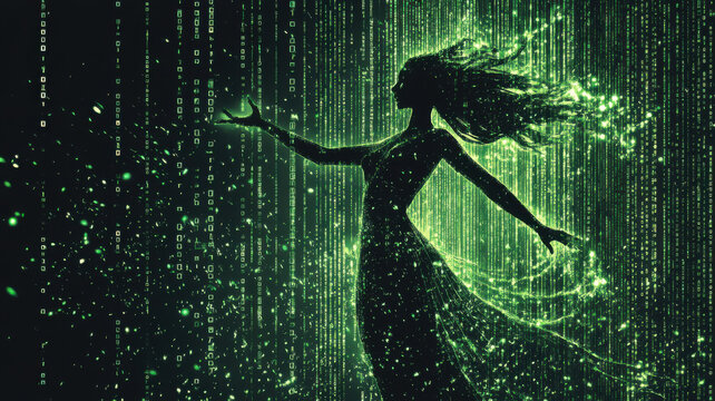 
Vertical lines of green ones and zeros create a polygonal grid, forming a digital outline of a beautiful dancing girl in full view.