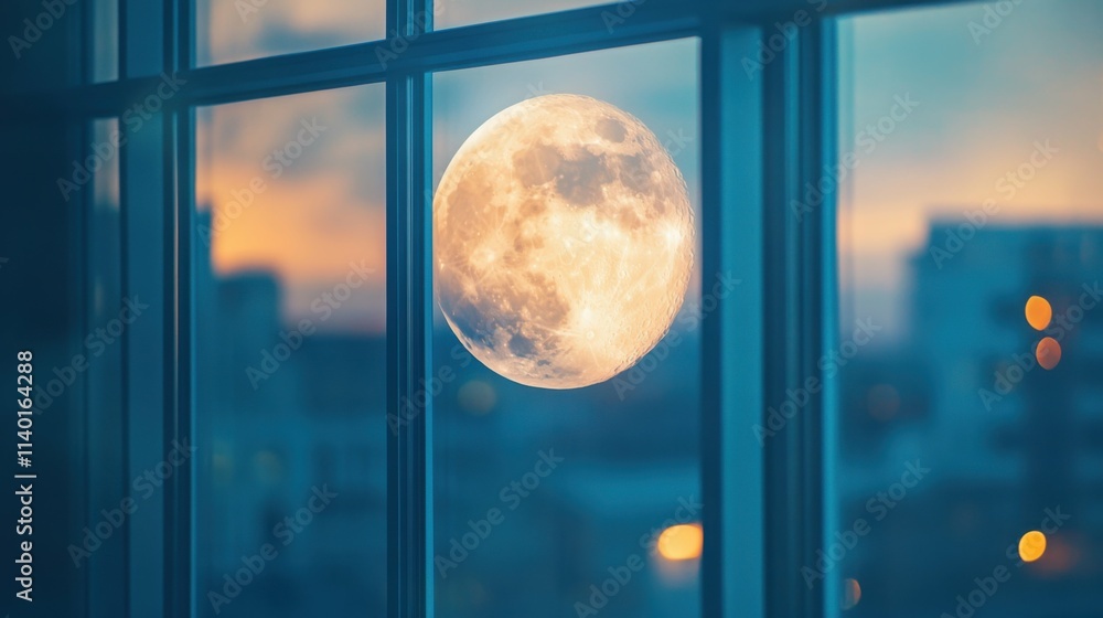 Wall mural reflection of the moon in a large glass window, sharp and dynamic composition, serene and peaceful a