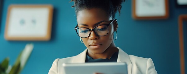 Businesswoman reviewing graphs and data with digital tablet in office 