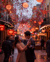 A joyful young couple dancing in the streets, celebrating Mardi Gras with vibrant masks, festive outfits, and sparkling confetti in the air, creating a lively atmosphere.
