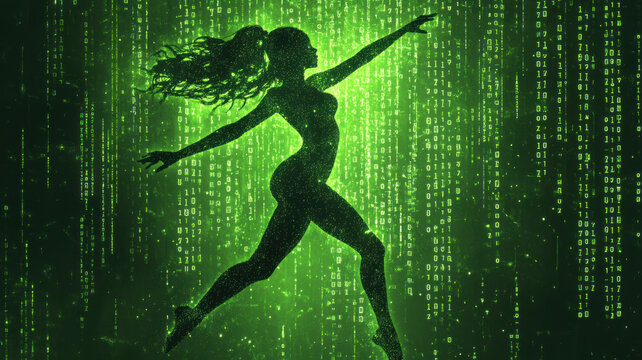 
Vertical lines of green ones and zeros create a polygonal grid, forming a digital outline of a beautiful dancing girl in full view.