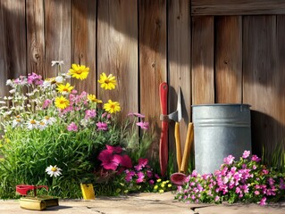 Colorful Garden Scene with Tools, Flowers, and Wooden Background for Gardening Enthusiasts