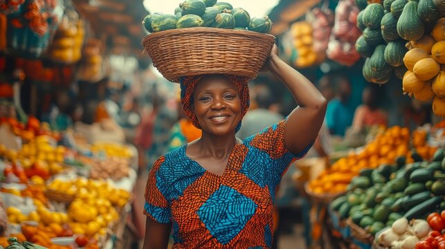 A woman in Ankara dress at market.