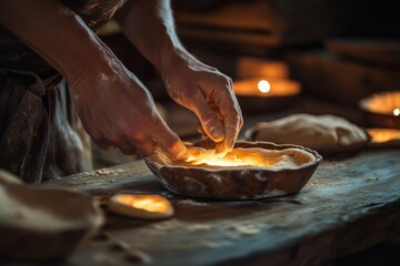 Hands forming dough into perfect shapes, warm rustic setting with vibrant lighting, artisan baking tools in focus