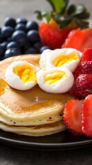 Obraz premium A delicious breakfast plate featuring pancakes, fruits, and soft-boiled eggs.