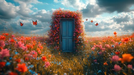 Doorway to a vibrant flower field with butterflies under a dramatic sky.