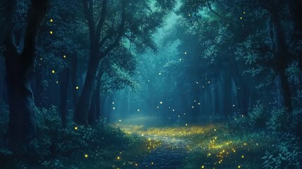 Fototapeta premium Enchanted forest clearing filled with fireflies, soft glow of moonlight filtering through leaves