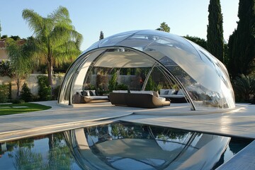 Obraz premium Modern outdoor lounge, transparent dome, poolside seating.