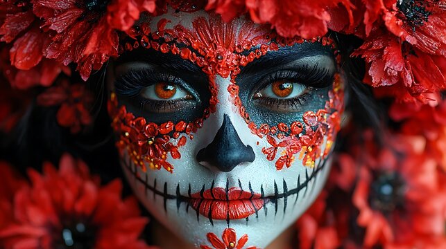 Day of the Dead face paint with floral designs, remembering the departed 