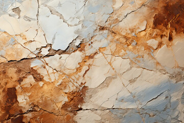 Fototapeta premium Close-up of a cracked surface revealing a mix of orange, gray, and white hues. The weathered texture suggests age and exposure to the elements, creating an abstract and natural pattern.
