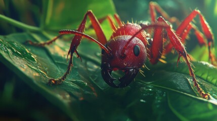Fire ant biting into a leaf, mandibles clamped, with the vivid green of the leaf contrasting its fiery red body, capturing the raw intensity of its form.