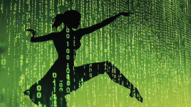 
Vertical lines of green ones and zeros create a polygonal grid, forming a digital outline of a beautiful dancing girl in full view.