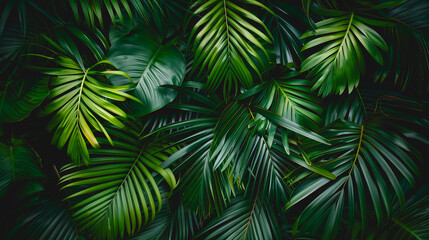 Un mur dense de feuilles de palmiers et de plantes tropicales.
