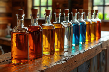 a wooden surface is captured on which seven glass bottles of different colors filled with liquids stand side by side.