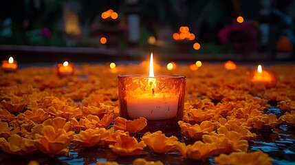 Day of the Dead marigold petals and candles, remembering the departed 